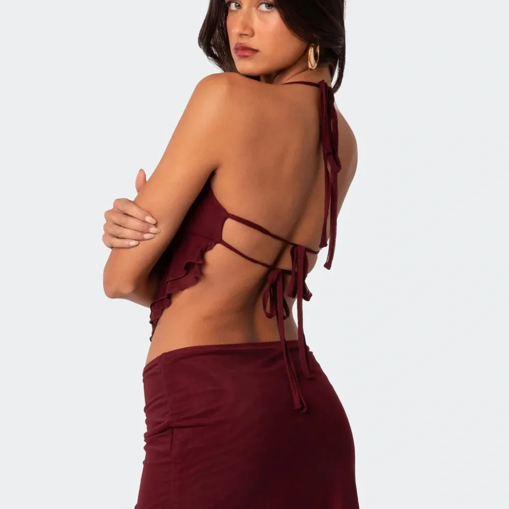 Ariyah Open Tie Back Ruffle Mesh Top - Picture 2 of 4